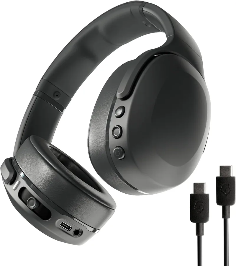 Skullcandy ▫️ Auscultadores Bluetooth sem fios Crusher EVO com graves multissensoriais e cabo de carregamento, ajuste sobre a orelha com isolamento de ruído, bateria com autonomia até 40 horas, microfone para iPhone e Android - Preto Verdadeiro