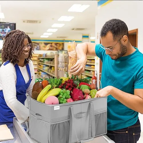 LUVHOMEE ▫️ Saco de compras extragrande, conjunto de 2 sacos reutilizáveis resistentes, saco de compras estruturado com bolsos e alças, saco dobrável para compras, saco organizador com tampa 2