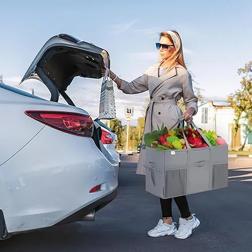 LUVHOMEE ▫️ Saco de compras extragrande, conjunto de 2 sacos reutilizáveis resistentes, saco de compras estruturado com bolsos e alças, saco dobrável para compras, saco organizador com tampa 3