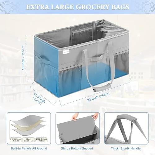 LUVHOMEE ▫️ Saco de compras extragrande, conjunto de 2 sacos reutilizáveis resistentes, saco de compras estruturado com bolsos e alças, saco dobrável para compras, saco organizador com tampa 5