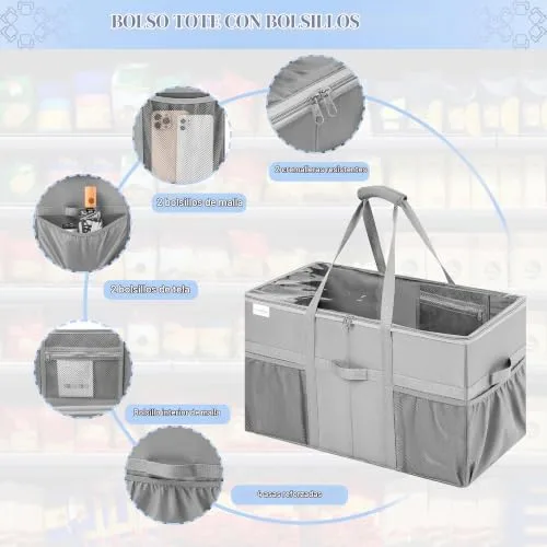 LUVHOMEE ▫️ Saco de compras extragrande, conjunto de 2 sacos reutilizáveis resistentes, saco de compras estruturado com bolsos e alças, saco dobrável para compras, saco organizador com tampa 6