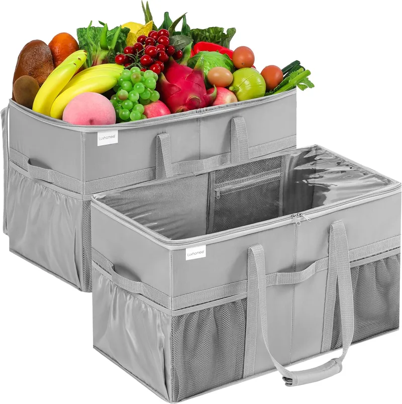 LUVHOMEE ▫️ Saco de compras extragrande, conjunto de 2 sacos reutilizáveis resistentes, saco de compras estruturado com bolsos e alças, saco dobrável para compras, saco organizador com tampa