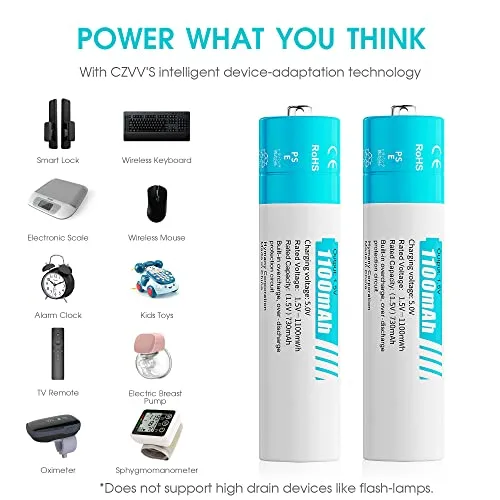 czvv ▫️ Pilhas recarregáveis AAA de lítio de 1,5 V - Carregador LCD para pilhas AA e AAA com 8 unidades de pilhas de lítio de alta capacidade (1100 mWh) - Ultra-rápido: 2 horas - Vida útil de 10 anos, 1300 ciclos para brinquedos e máquinas de barbear 5