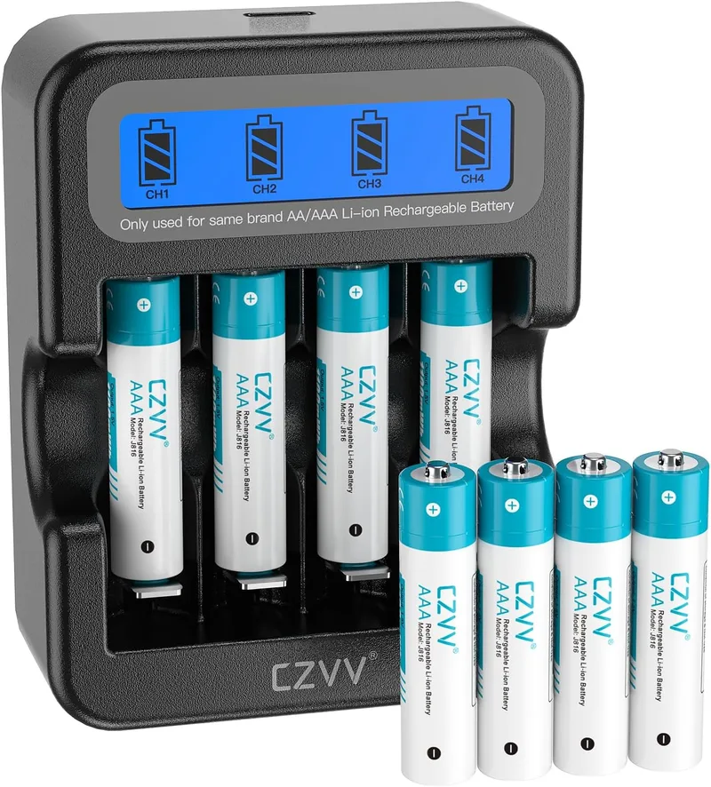 czvv ▫️ Pilhas recarregáveis AAA de lítio de 1,5 V - Carregador LCD para pilhas AA e AAA com 8 unidades de pilhas de lítio de alta capacidade (1100 mWh) - Ultra-rápido: 2 horas - Vida útil de 10 anos, 1300 ciclos para brinquedos e máquinas de barbear