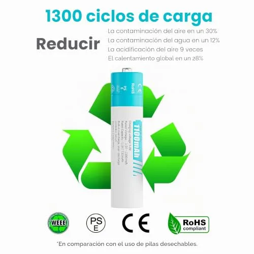 czvv ▫️ Pilhas recarregáveis AAA de lítio de 1,5 V - Carregador de pilhas AA e AAA com LED e 8 unidades de pilhas de lítio de alta capacidade (1100 mWh) - Ultra-rápido (2 horas) - Vida útil de 10 anos, 1300 ciclos para brinquedos e máquinas de barbear 3