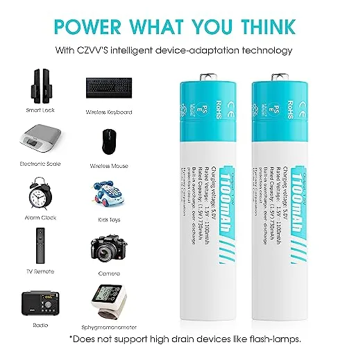 czvv ▫️ Pilhas recarregáveis AAA de lítio de 1,5 V - Carregador de pilhas AA e AAA com LED e 8 unidades de pilhas de lítio de alta capacidade (1100 mWh) - Ultra-rápido (2 horas) - Vida útil de 10 anos, 1300 ciclos para brinquedos e máquinas de barbear 6