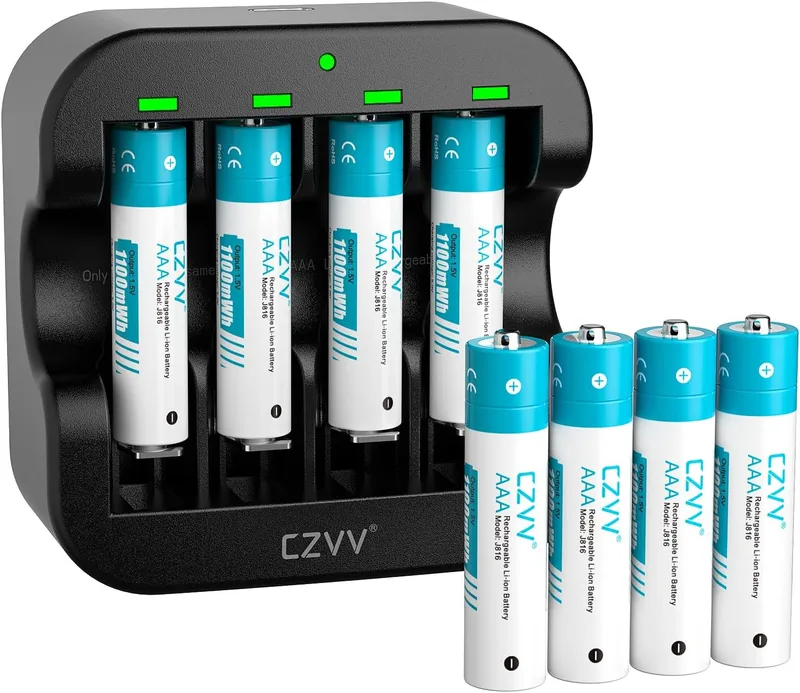 czvv ▫️ Pilhas recarregáveis AAA de lítio de 1,5 V - Carregador de pilhas AA e AAA com LED e 8 unidades de pilhas de lítio de alta capacidade (1100 mWh) - Ultra-rápido (2 horas) - Vida útil de 10 anos, 1300 ciclos para brinquedos e máquinas de barbear