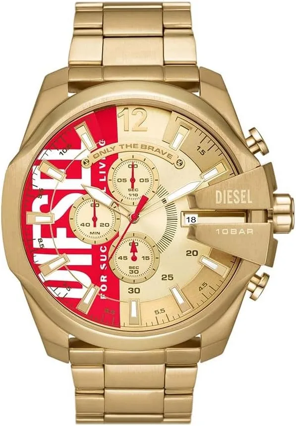 Diesel ▫️ Relógio para homem Mega Chief, movimento cronógrafo de quartzo, caixa em aço inoxidável prateado de 59 mm com bracelete em aço inoxidável, DZ4308