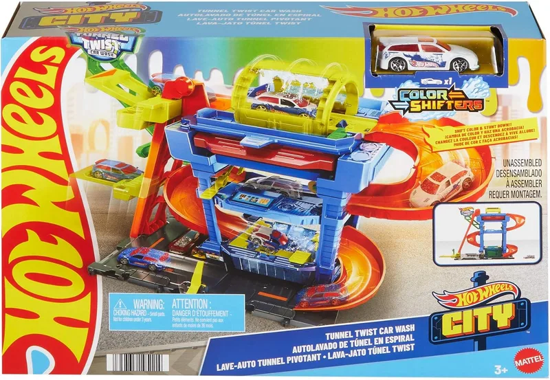 Hot Wheels ▫️ City «Let's Race - Vamos correr!» Netflix - Túnel de lavagem com curvas. Pista para carrinhos de brincar, inclui 1 veículo «Color Shifter», a partir dos 4 anos (Mattel HTN80)