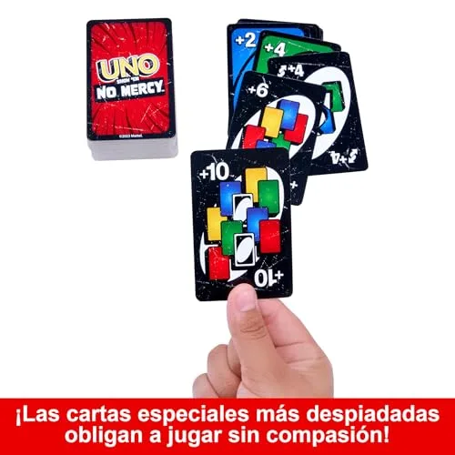 Mattel Games ▫️ Jogo de cartas UNO No Mercy Jogo de mesa para toda a família com novas cartas, regras especiais e penalizações mais implacáveis, a partir dos 7 anos (HWV18) 4