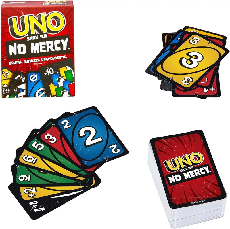 Mattel Games ▫️ Jogo de cartas UNO No Mercy Jogo de mesa para toda a família com novas cartas, regras especiais e penalizações mais implacáveis, a partir dos 7 anos (HWV18)