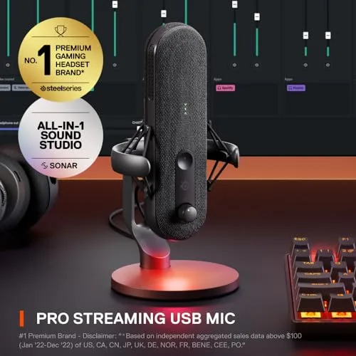 SteelSeries ▫️ Alias Micro USB para PC — cápsula 3 vezes maior para jogos, streaming e podcasts — cancelamento de ruído por IA — controlo de silêncio e volume por LED — suporte antivibrações 2