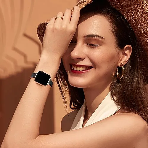 CeMiKa ▫️ Pulseiras finas em pele, compatíveis com o Apple Watch de 38 mm, 40 mm e 41 mm, Pulseira de substituição em pele fina genuína para Apple Watch SE3, SE e iWatch Séries 11, 10, 9, 8, 7, 6, 5, 4 e 3, para mulher e homem, preta 2