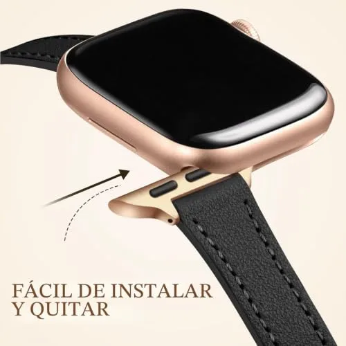 CeMiKa ▫️ Pulseiras finas em pele, compatíveis com o Apple Watch de 38 mm, 40 mm e 41 mm, Pulseira de substituição em pele fina genuína para Apple Watch SE3, SE e iWatch Séries 11, 10, 9, 8, 7, 6, 5, 4 e 3, para mulher e homem, preta 4