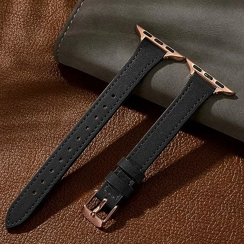 CeMiKa ▫️ Pulseiras finas em pele, compatíveis com o Apple Watch de 38 mm, 40 mm e 41 mm, Pulseira de substituição em pele fina genuína para Apple Watch SE3, SE e iWatch Séries 11, 10, 9, 8, 7, 6, 5, 4 e 3, para mulher e homem, preta 5