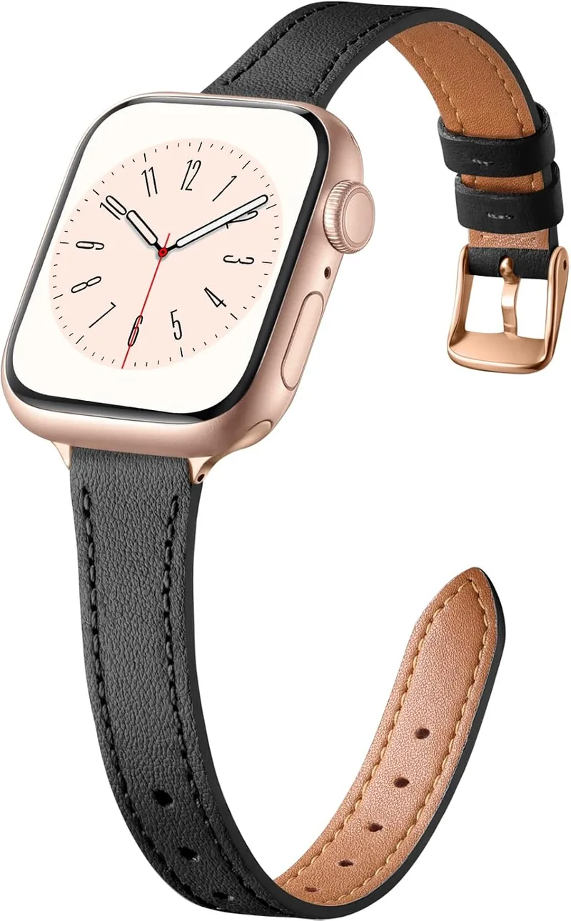 CeMiKa ▫️ Pulseiras finas em pele, compatíveis com o Apple Watch de 38 mm, 40 mm e 41 mm, Pulseira de substituição em pele fina genuína para Apple Watch SE3, SE e iWatch Séries 11, 10, 9, 8, 7, 6, 5, 4 e 3, para mulher e homem, preta