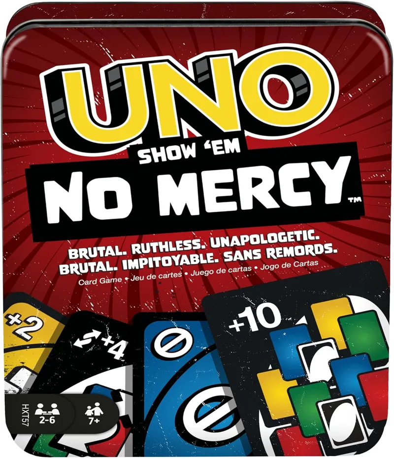 Mattel Games ▫️ UNO No Mercy, Jogo de cartas com cartas adicionais, regras especiais e mais penalizações implacáveis, Jogo de tabuleiro familiar, para rapazes e raparigas +7 anos, HXT57, Caixa metálica