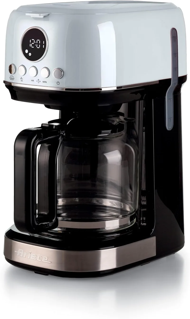 Ariete ▫️ 1396/01 Máquina de café de filtro moderna, Café por gotejamento, Capacidade até 15 chávenas, Base aquecedora, Ecrã LCD, Filtros removíveis e laváveis, Branco