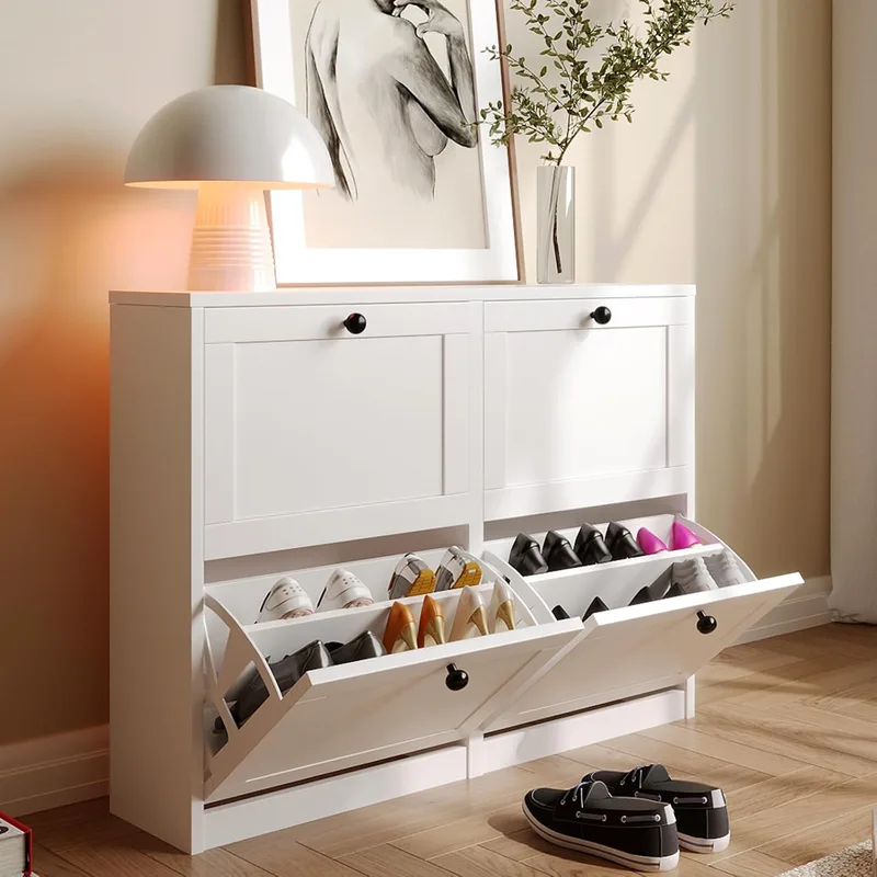 VOWNER ▫️ Sapateira 4 Portas, Sapateira para Corredor de Entrada, 105 x 24 x 80 cm (C x L x A), Madeira, para Entrada Estreita, Corredor (Branco)