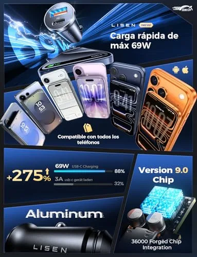 LISEN ▫️ Carregador para carro com tomada de isqueiro, carregamento rápido USB-C 69 W, Flash do Dia – Acessórios eletrónicos para carro e autocaravana para iPhone 17, 16, Xiaomi, Samsung S26 e BMW; Carregador de telemóvel com tomada de isqueiro em metal para carro 12/24 V – Gadgets tecnológicos 2