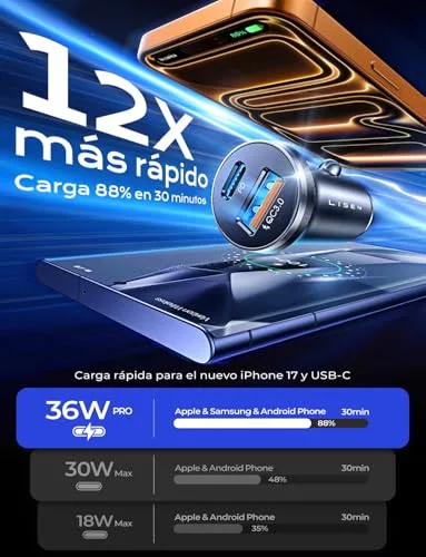 LISEN ▫️ Carregador para carro com tomada de isqueiro, carregamento rápido USB-C 69 W, Flash do Dia – Acessórios eletrónicos para carro e autocaravana para iPhone 17, 16, Xiaomi, Samsung S26 e BMW; Carregador de telemóvel com tomada de isqueiro em metal para carro 12/24 V – Gadgets tecnológicos 3