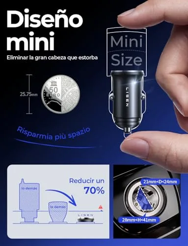 LISEN ▫️ Carregador para carro com tomada de isqueiro, carregamento rápido USB-C 69 W, Flash do Dia – Acessórios eletrónicos para carro e autocaravana para iPhone 17, 16, Xiaomi, Samsung S26 e BMW; Carregador de telemóvel com tomada de isqueiro em metal para carro 12/24 V – Gadgets tecnológicos 5