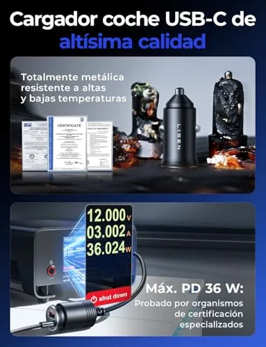 LISEN ▫️ Carregador para carro com tomada de isqueiro, carregamento rápido USB-C 69 W, Flash do Dia – Acessórios eletrónicos para carro e autocaravana para iPhone 17, 16, Xiaomi, Samsung S26 e BMW; Carregador de telemóvel com tomada de isqueiro em metal para carro 12/24 V – Gadgets tecnológicos 6