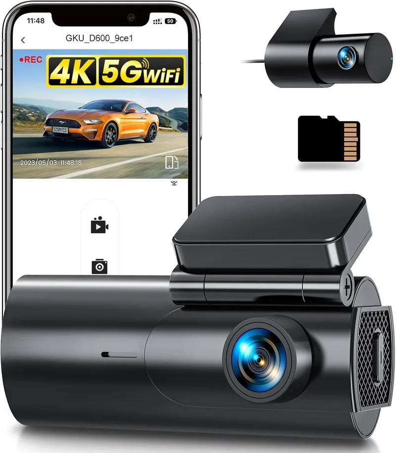 GKU ▫️ Câmara de bordo 4K+1080P, câmara de bordo com Wi-Fi de 5 GHz e cartão SD de 64 GB, câmara de bordo com função de gravação, grande angular de 170°, visão noturna, WDR, sensor G, monitor de estacionamento
