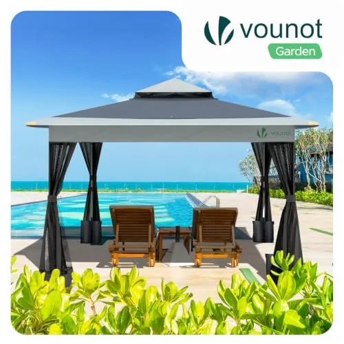 VOUNOT ▫️ ® Tenda dobrável tipo gazebo 3,6 x 3,6 m com laterais em rede, pavilhão pop-up para jardim com teto duplo e sacos de areia, proteção UV, para acampamento, festas, exterior, cinzento 2
