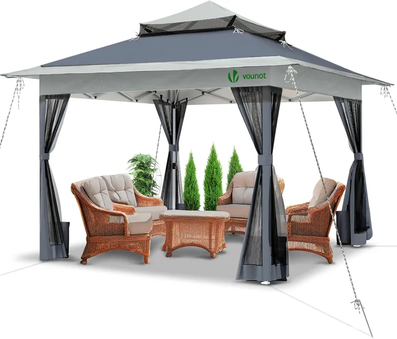 VOUNOT ▫️ ® Tenda dobrável tipo gazebo 3,6 x 3,6 m com laterais em rede, pavilhão pop-up para jardim com teto duplo e sacos de areia, proteção UV, para acampamento, festas, exterior, cinzento