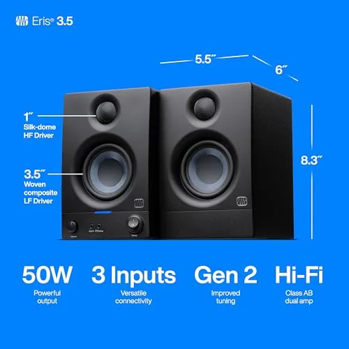 PreSonus ▫️ Eris 3.5 Gen 2 Monitores de estúdio de secretária, 50 W, par, preto 5