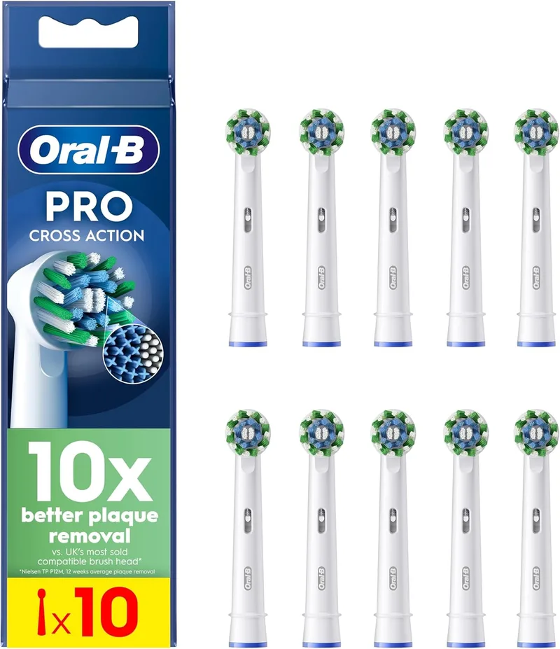 Oral-B ▫️ CrossAction Original Replacement Brush Heads, White, Pack of 10 - Oral B Pro Electric Toothbrush Refills, com indicador de utilização e filamentos em forma de X para uma limpeza profunda