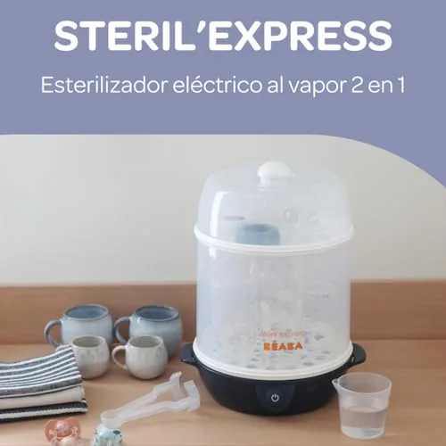 Béaba ▫️ Esterilizador de biberões 2 em 1, Evolutivo, A vapor elétrico, 2 em 1, 2 compartimentos, até 8 biberões e acessórios, Ultrarrápido, Temporizador, Steril'Express, Azul-escuro 3