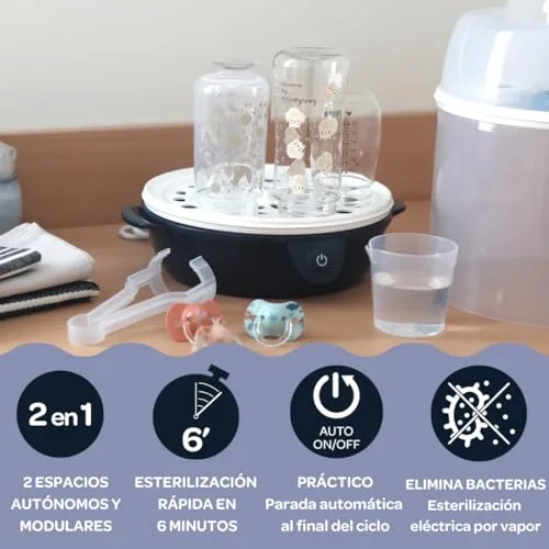 Béaba ▫️ Esterilizador de biberões 2 em 1, Evolutivo, A vapor elétrico, 2 em 1, 2 compartimentos, até 8 biberões e acessórios, Ultrarrápido, Temporizador, Steril'Express, Azul-escuro 4