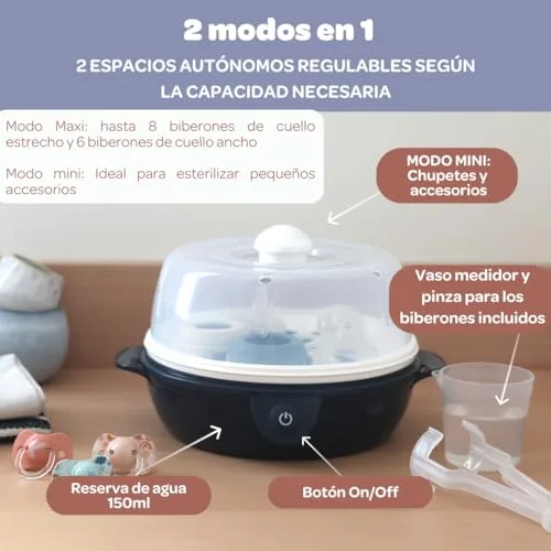 Béaba ▫️ Esterilizador de biberões 2 em 1, Evolutivo, A vapor elétrico, 2 em 1, 2 compartimentos, até 8 biberões e acessórios, Ultrarrápido, Temporizador, Steril'Express, Azul-escuro 5