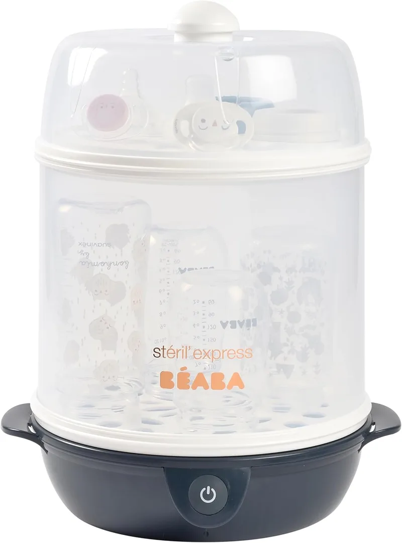 Béaba ▫️ Esterilizador de biberões 2 em 1, Evolutivo, A vapor elétrico, 2 em 1, 2 compartimentos, até 8 biberões e acessórios, Ultrarrápido, Temporizador, Steril'Express, Azul-escuro