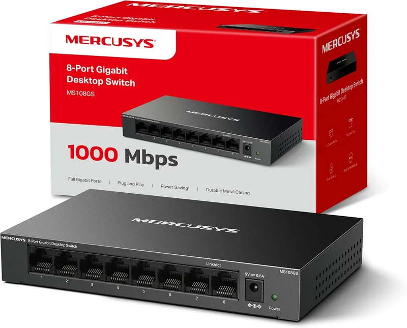 MERCUSYS ▫️ MS108GS - Switch Gigabit de 8 portas, caixa metálica durável, Plug and Play, poupança de energia