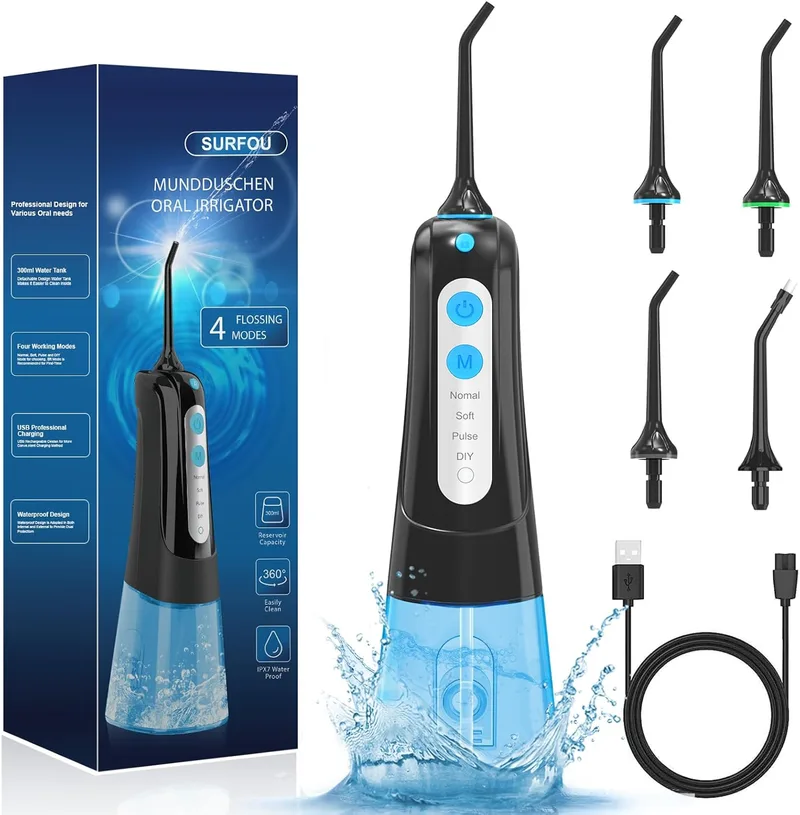 SURFOU ▫️ Dental Irrigator, Irrigador Oral Portátil com 4 Bicos 4 Modos 300ML, IPX7 Waterproof USB Rechargeable Irrigator For Travel & Home Use