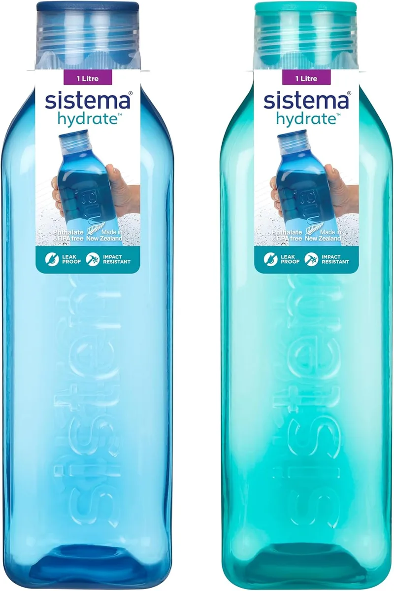 Sistema ▫️ Square – Garrafa de água de 1 litro | Garrafa de água hermética para meninas | Pedra azul turquesa | 2 unidades