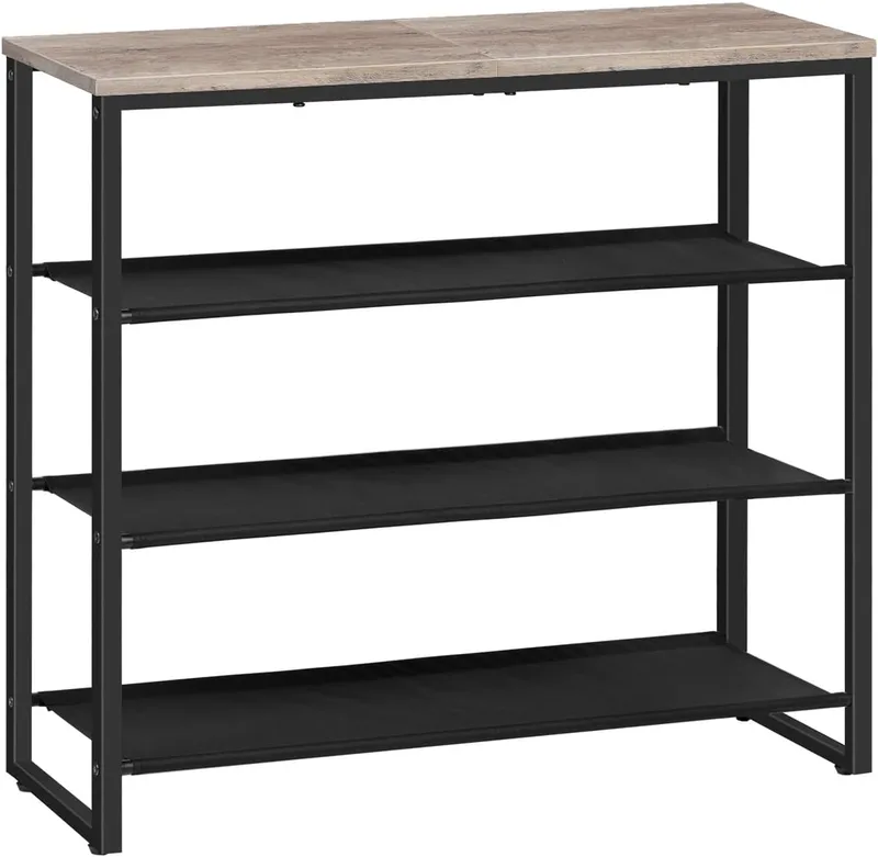 HOOBRO ▫️ Sapateira, Estante para sapatos com 4 níveis, 3 compartimentos em tecido Oxford e placa superior, para 12-16 pares de sapatos, para a entrada, aparador, estilo industrial, Greige EBG47XJ01G1