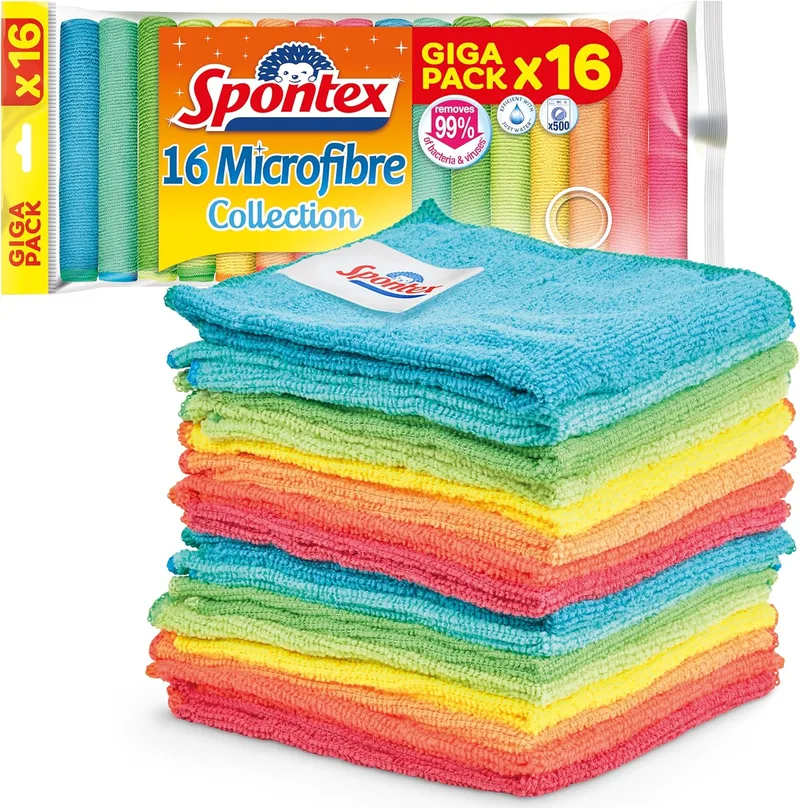 Spontex ▫️ Panos de Limpeza em Microfibra | 16 Panos de Coleção em Microfibra | Para utilizar como panos do pó e panos de cozinha | 30 x 30 cm | Cores sortidas | 16 unid.