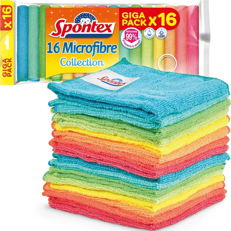Spontex ▫️ Panos de microfibra para limpeza | 16 panos da coleção Microfibre | Para utilizar como panos para o pó e panos de cozinha | 30 x 30 cm | Cores variadas | 16 unidades