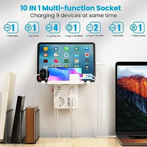 Kiykzi ▫️ Multiprise com portas USB-C de carregamento rápido PD 20 W, adaptador com interruptor 4