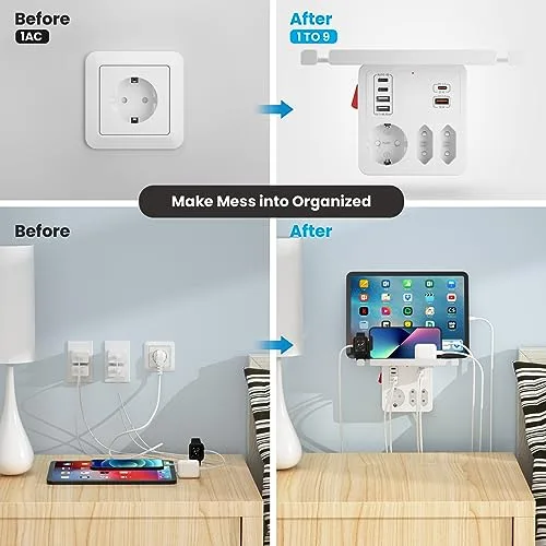 Kiykzi ▫️ Multiprise com portas USB-C de carregamento rápido PD 20 W, adaptador com interruptor 5