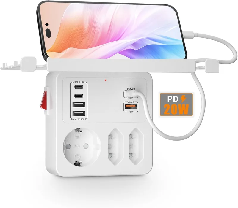 Kiykzi ▫️ Multiprise com portas USB-C de carregamento rápido PD 20 W, adaptador com interruptor