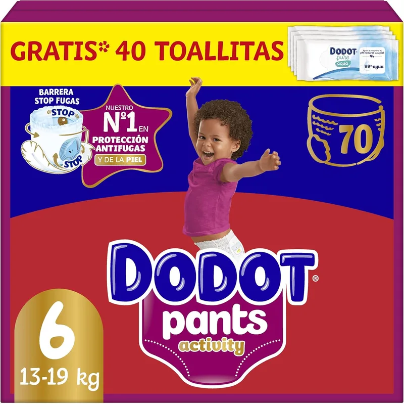 DODOT ▫️ Fraldas Toalhetes Calças de atividade, tamanho 6 (14-19 kg), 70 fraldas + oferta de 1 pacote de 40 toalhetes com encaixe extra macio 360° anti-fugas