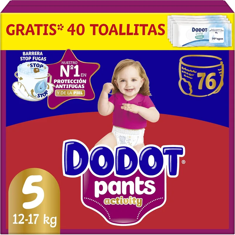 DODOT ▫️ Fraldas para actividades, tamanho 5 (11-17 kg), 76 fraldas + 1 pacote de 40 toalhetes grátis, com ajuste extra suave de 360° anti-fugas.