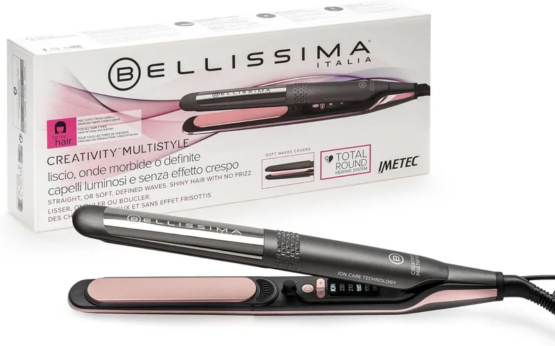 BELLISSIMA ▫️ Creativity Multistyle Straightener, Cabelo liso ou ondulado, Revestimento cerâmico + Partículas de diamante + Queratina, Placas flexíveis e quentes mesmo ao ar livre, 5 temperaturas