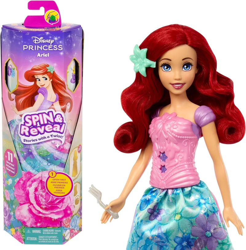 Mattel ▫️ Disney Princess Spin & Reveal Ariel, boneca princesa com saia de flores, inclui 11 surpresas como 5 acessórios e 5 autocolantes, brinquedo de oferta para meninos e meninas +3 anos, HTV88