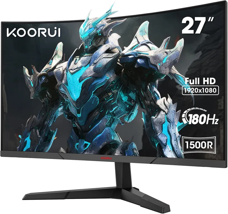 KOORUI ▫️ Monitor de 27 polegadas curvo para jogos, 180 Hz, FHD 1080p, 1500R, DCI-P3 90%, HDR, VA 3000:1, 2xHDMI 2.0, DP 1.2, Eye Care, VESA, Adaptive Sync, Inclinação